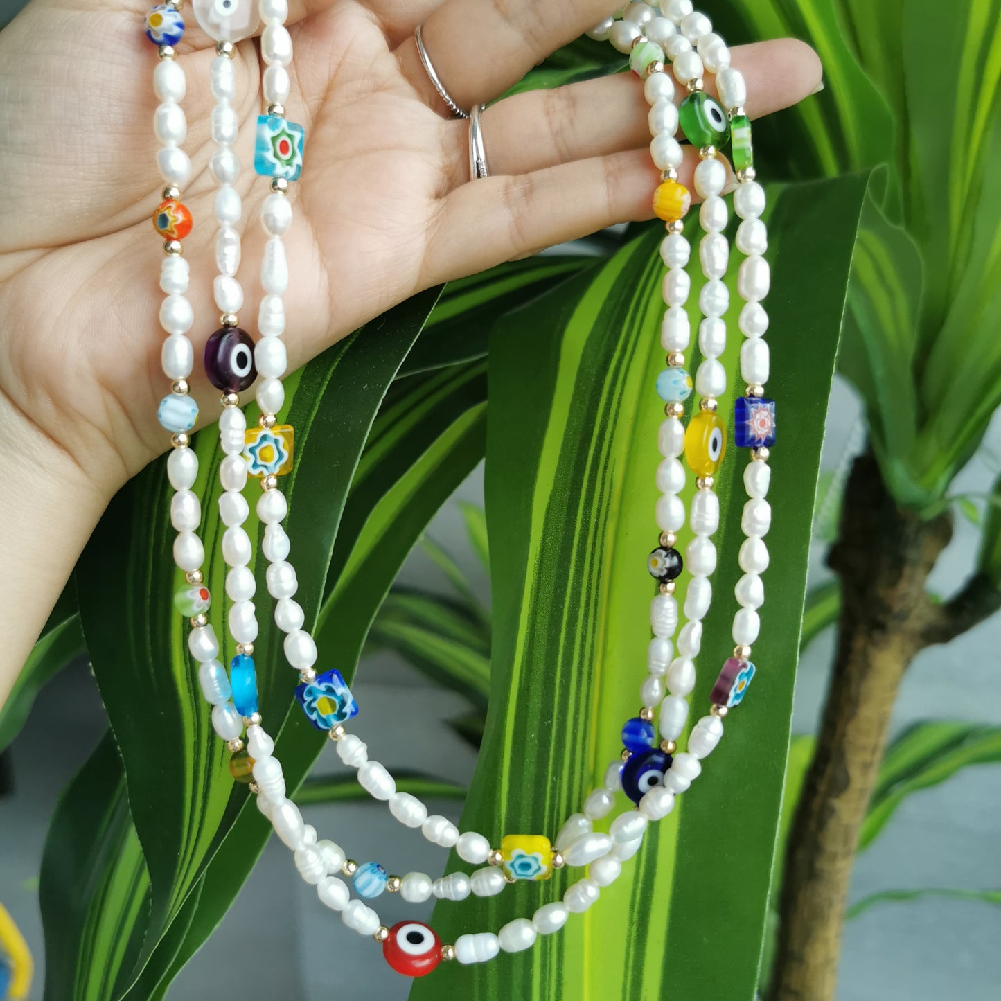 186 Collar perlas + ojitos turco colores