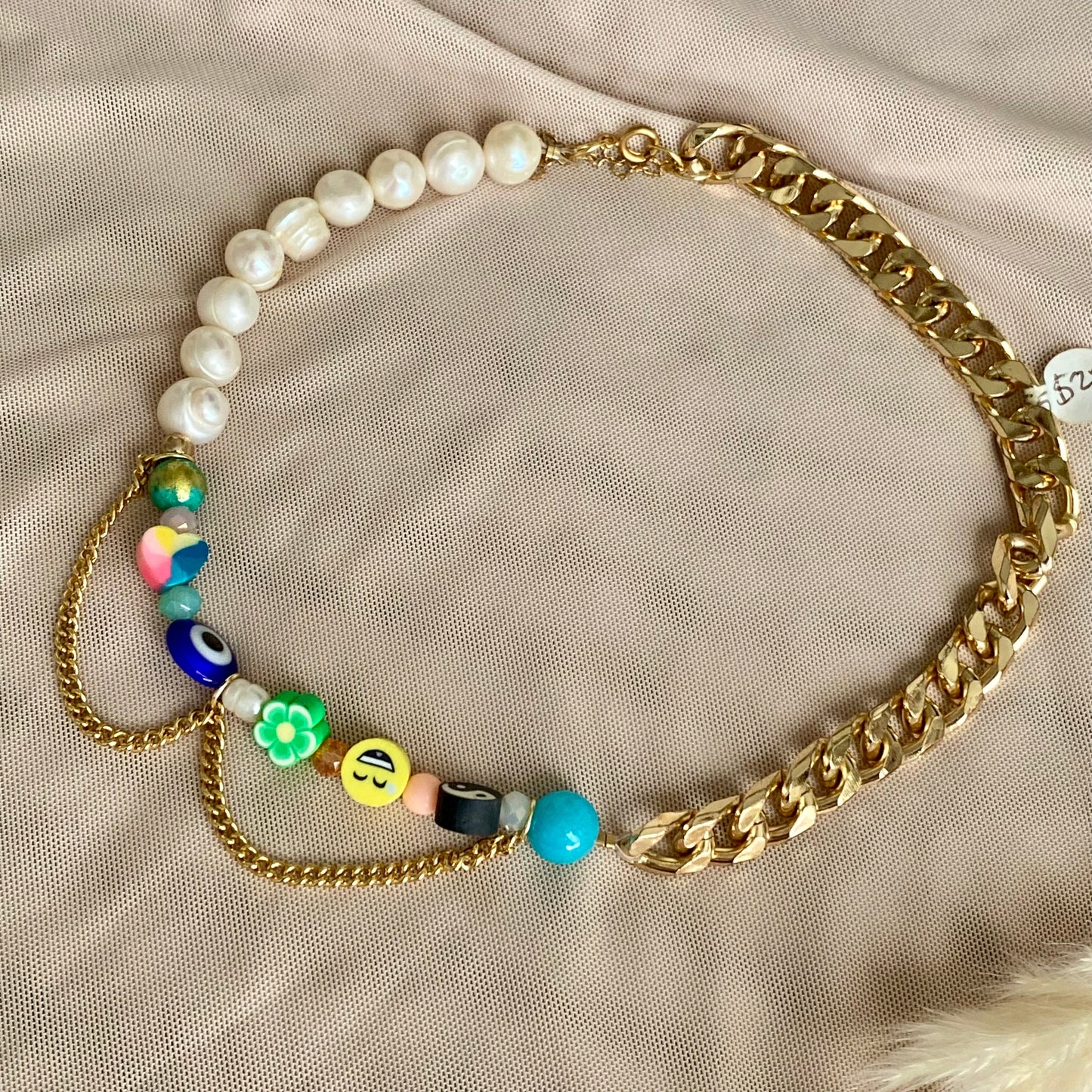 155 Cadena cubana con perlas, fimu y piedras