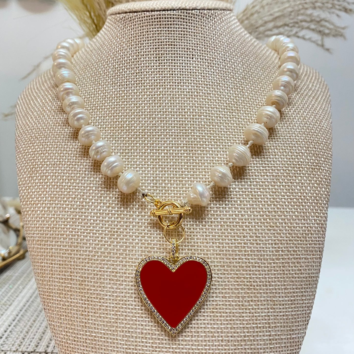 Collar de Perlas Naturales Tejida dije de Broche Rojo Grande