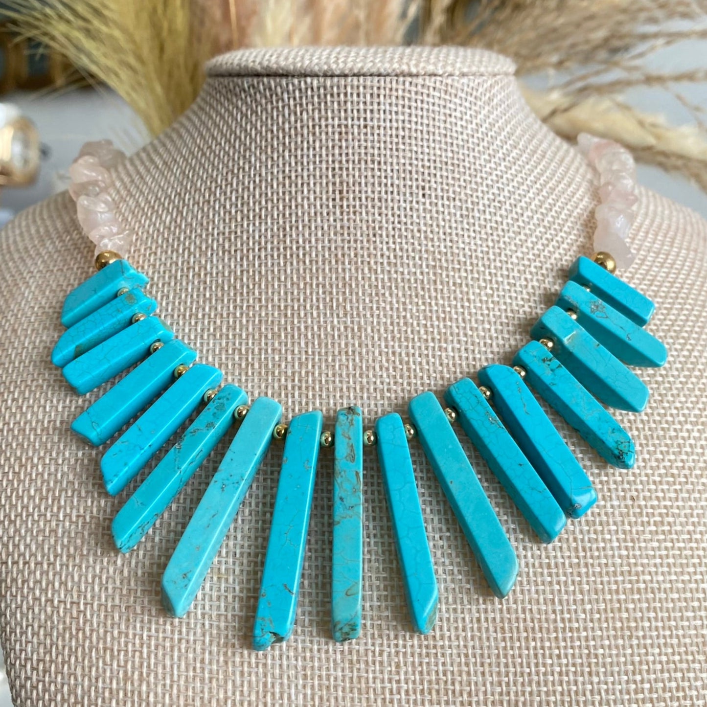 Collar de Piedras de Cuarzo rosado y Piedras Turquesas naturales