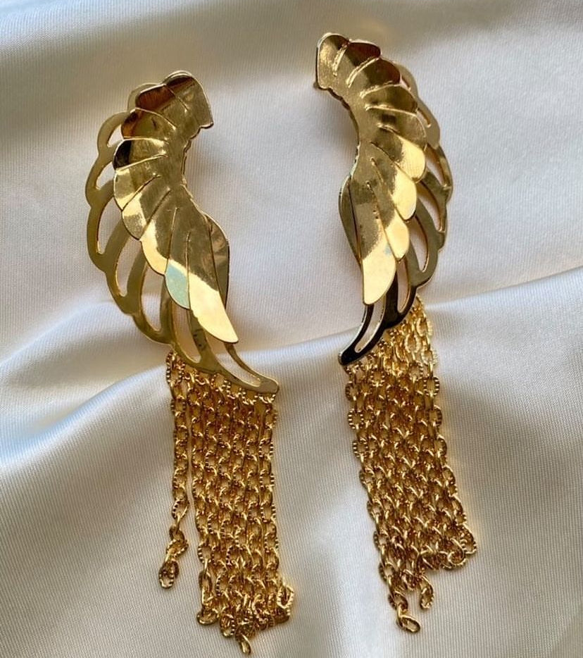 233 Aretes doble alas con cadenas colgando de orfebrería